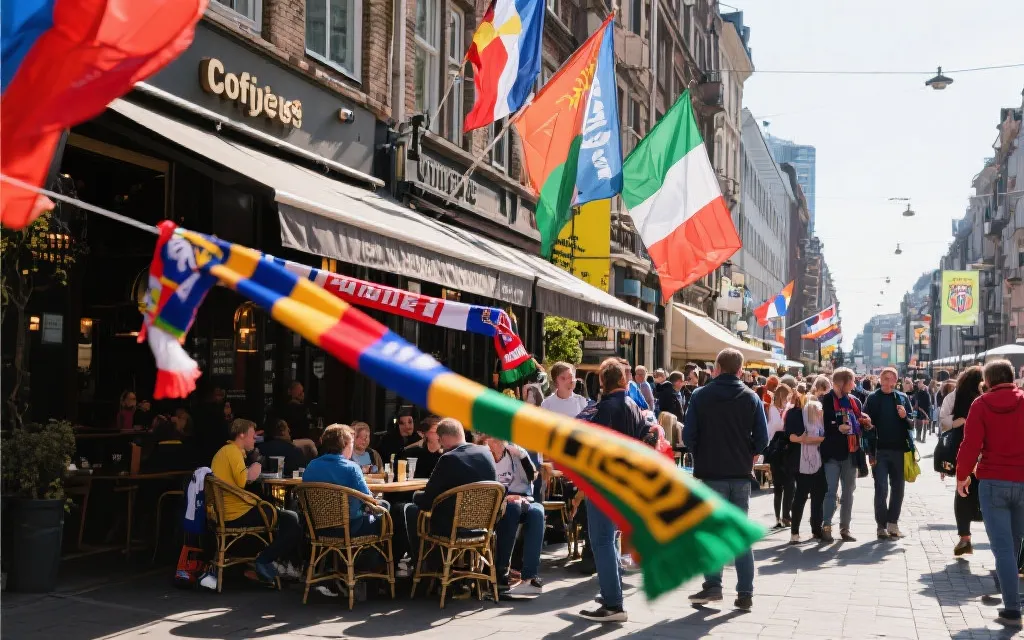 白天城市街头的球迷围巾与旗帜，旅行街拍风格