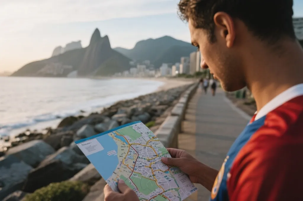 球迷在温哥华海边与城市景观中规划行程的氛围图