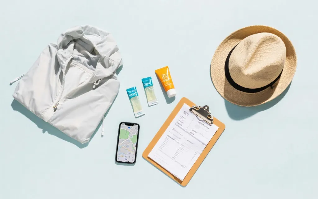 旅途中桌面平铺：电解质粉包、防晒霜、遮阳帽、轻薄外套、票据与手机备份的旅行健康打包清单