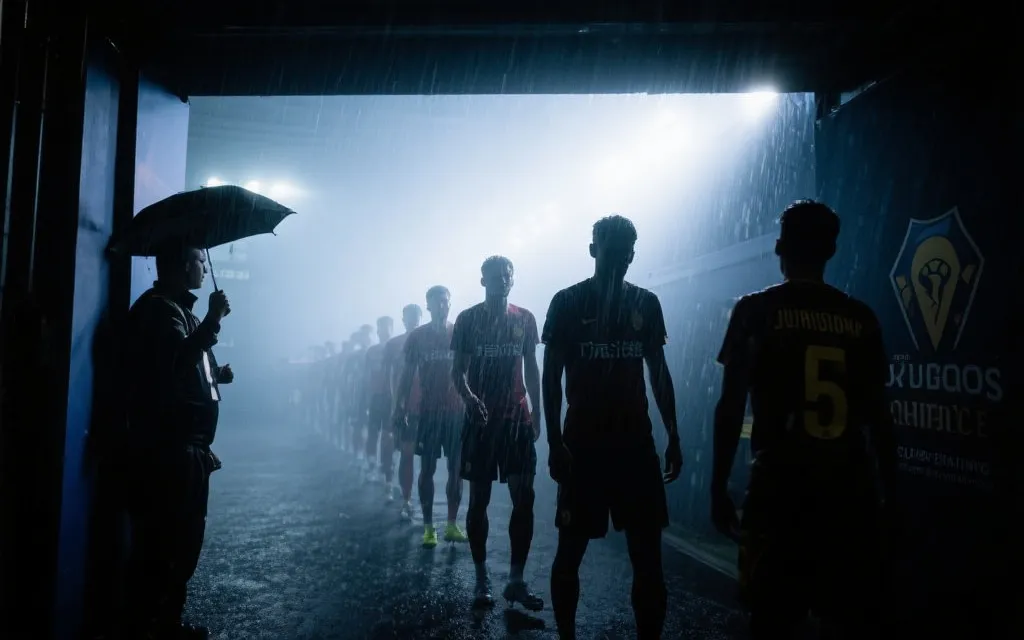 加拿大球员在世界杯决赛赛前通道列队，灯光与雨雾氛围，纪实摄影风格